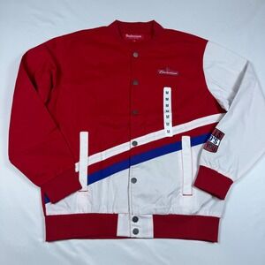 Budweiser Bomber Jacket Mens Medium Red White Blue Varsity Snap Front NWT